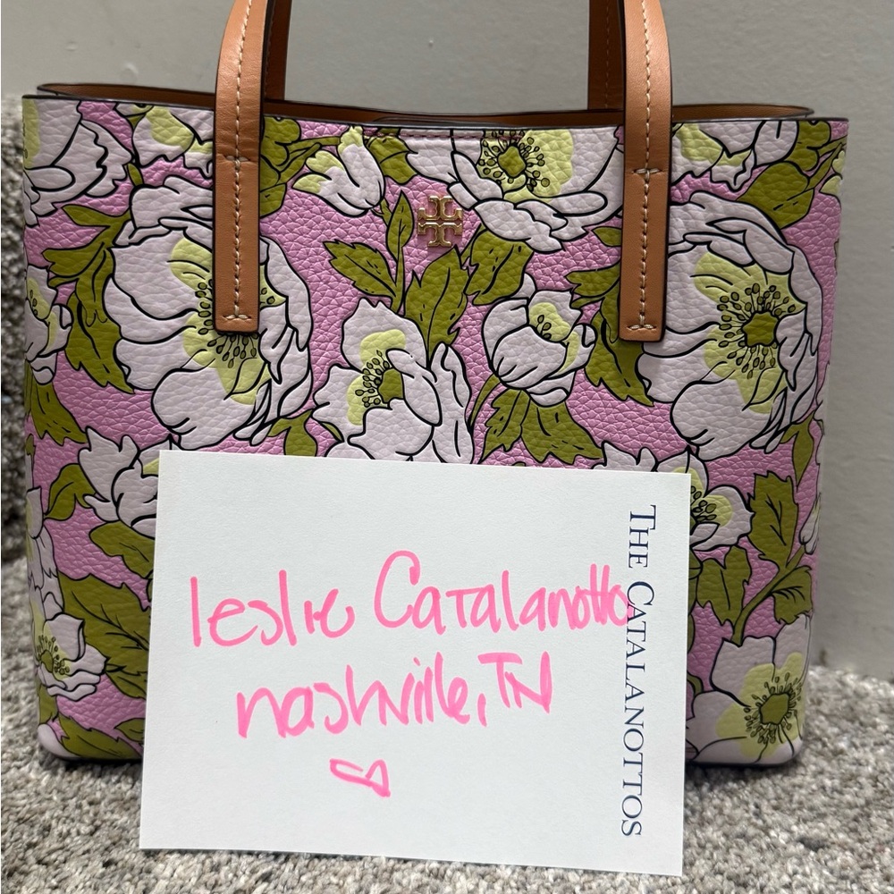 Tory Burch Pink and Green Floral Tote